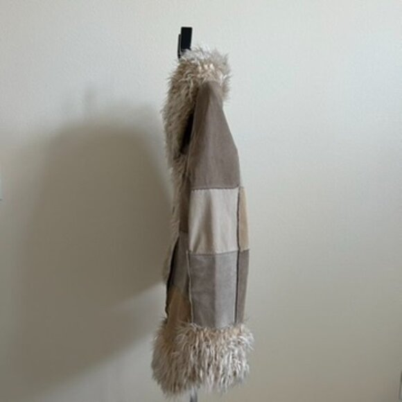 BKE Diva Genuine Leather Patchwork Faux Fur Trim Jacket Women’s L Tan Beige Boho - Picture 3 of 7